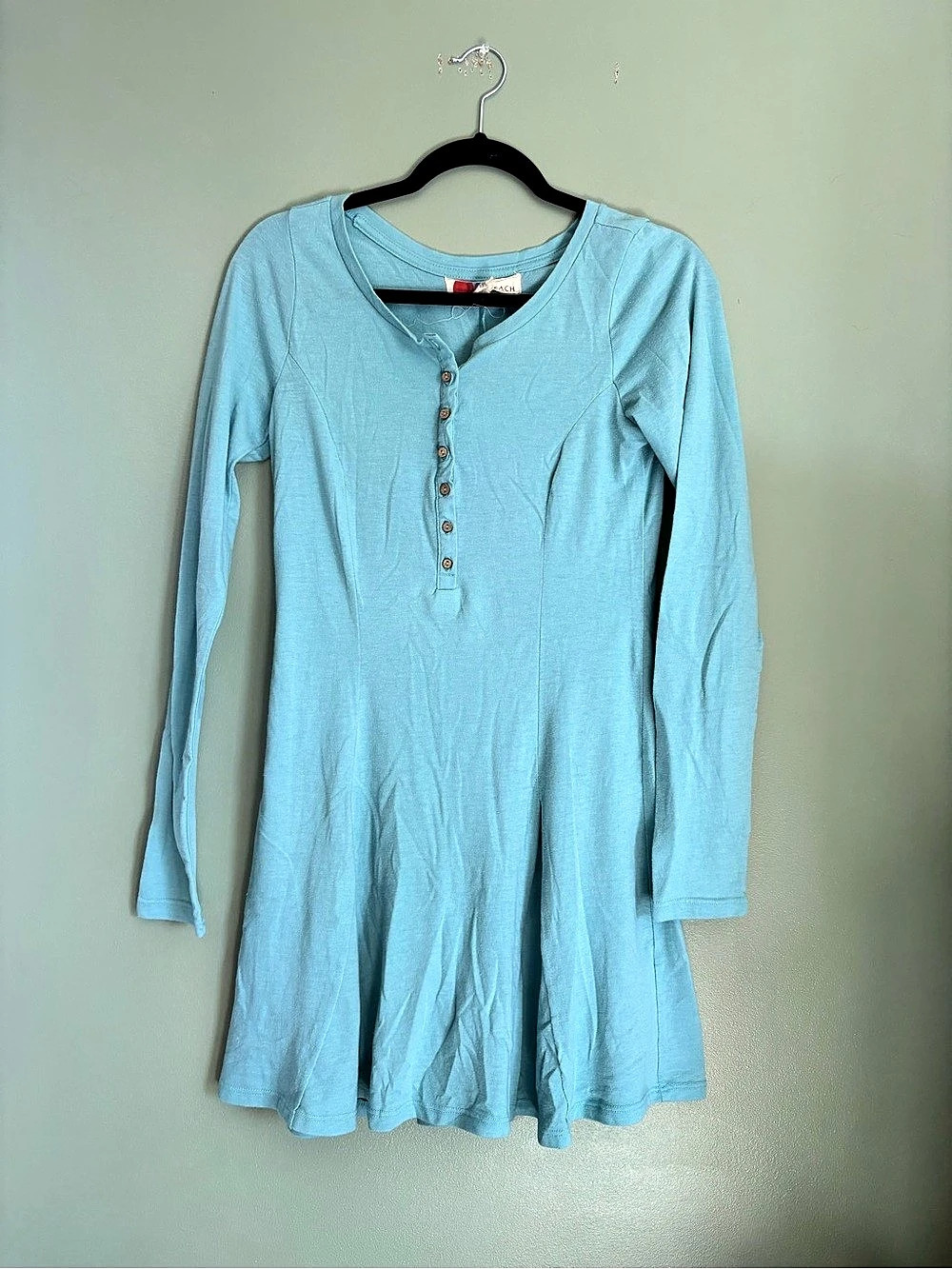 Free People Beach Blue Henley Fit & Flare Long Sleeve Mini Dress Size M